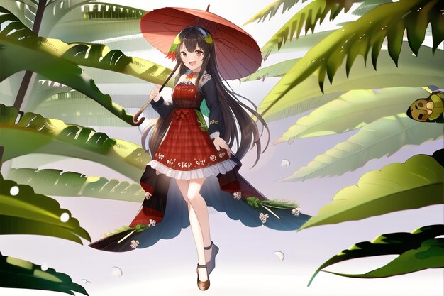 A girl with a red umbrella is walking through a jungle.