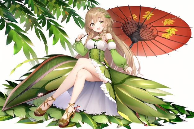 A girl with a red umbrella sits on a leafy background.