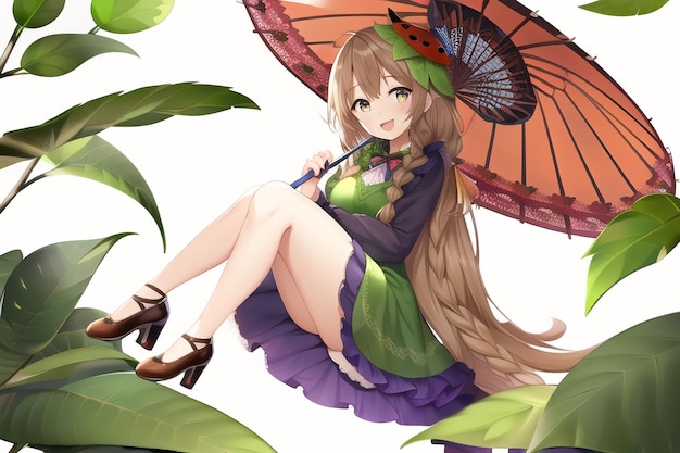 A girl with a red umbrella sits in the leaves