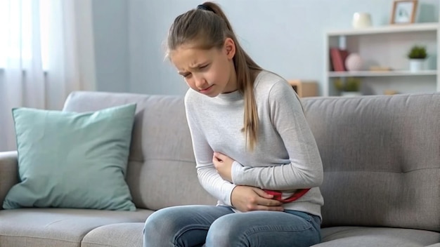 Photo a girl with a sad expression on her chest sits on a couch