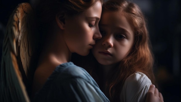 A girl with a sad face sits on a couch with her mother.