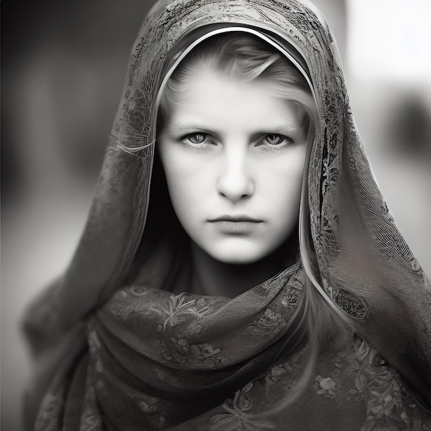 A girl with a scarf on her head is looking at the camera.