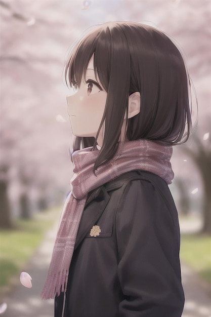 A girl with a scarf looks down at the sky