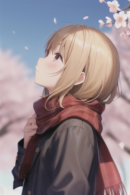 A girl with a scarf and a scarf looks up at the sky