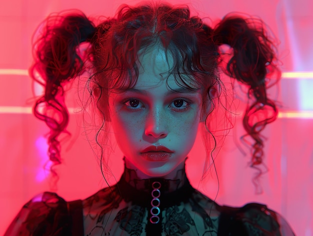 Photo a girl with a scary face and horns is shown in a red background