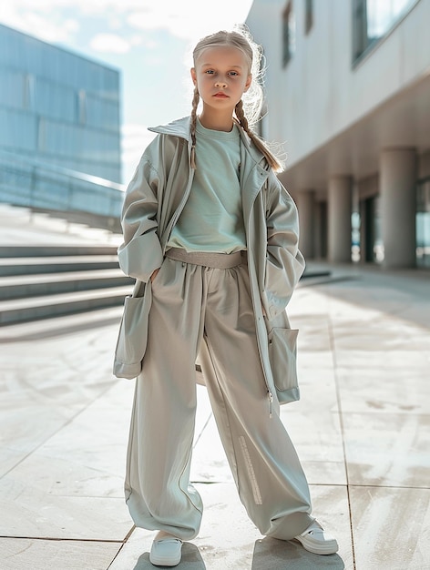 a girl with a scrunched face stands on a tiled floor