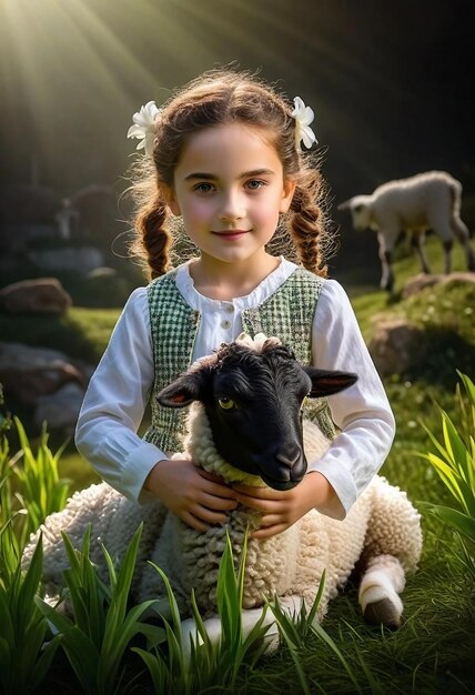 Photo a girl with a sheep in the background is wearing a dress with a bow in the middle