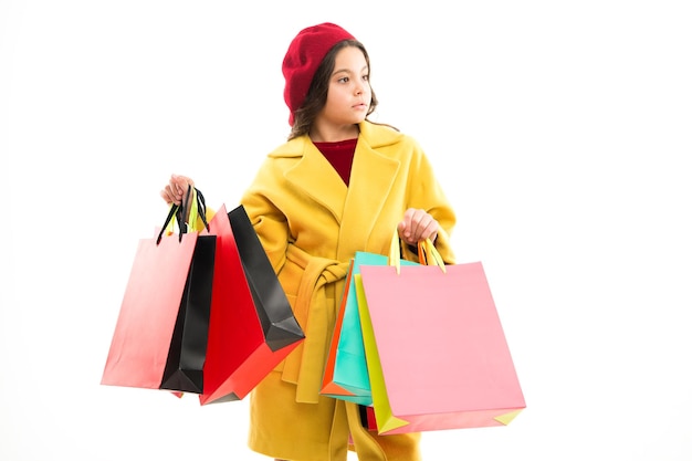 Girl with shopping bags Shopping and purchase Black friday Sale discount Shopping day Child hold packages Discounts on specific products Tricks for profit Favorite brands and hottest trends