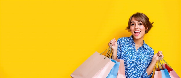 Girl with shopping bags shopping on a yellow background banner Generative AI