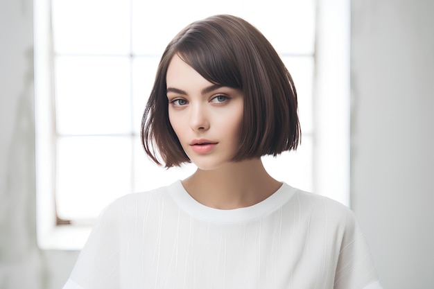 Girl with short bob haircut on light background