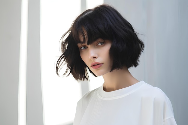 Girl with short bob haircut on light background