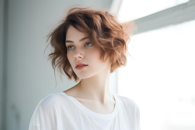 Girl with short bob haircut on light background