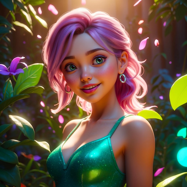 Girl with short pink hair in nature generated by AI