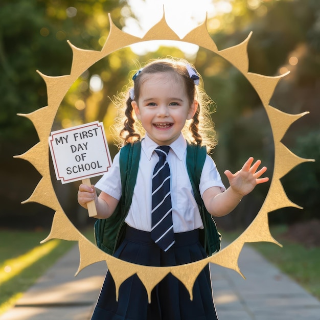 a girl with a sign that says my first school