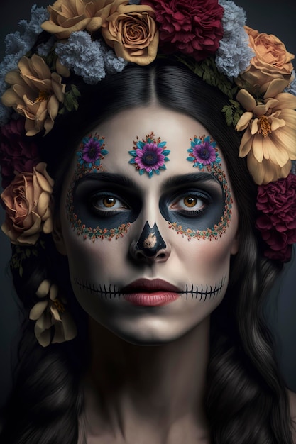 Girl with skeleton makeup and flowers in her hair on a dark background day of the dead AIGenerated