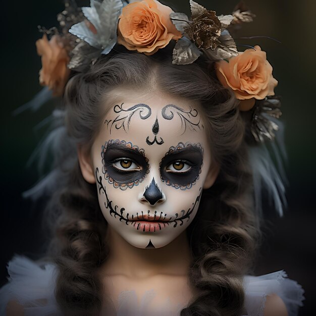 a girl with a skull painted on her face and flowers on her face.