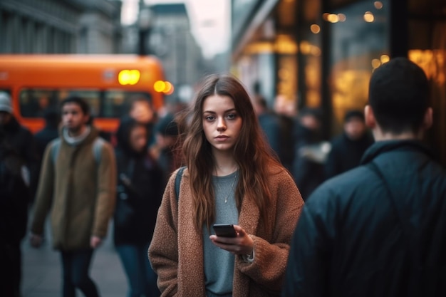 A girl with a smartphone stands among a large number of people