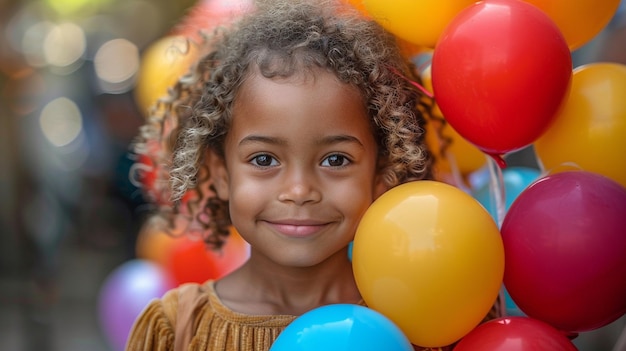 a girl with a smile on her face and a bunch of balloons in the background