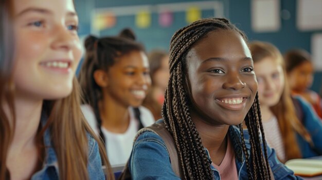 a girl with a smile that says  happy  on the left side of her face