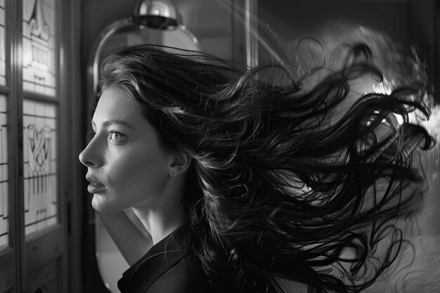 Photo a girl with a stylish black and white hairstyle gazes out of a window the monochrome portrait captures her elegant and contemplative expression