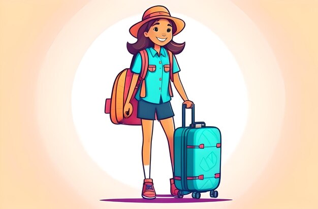 Photo a girl with a suitcase and a hat with a hat on her head