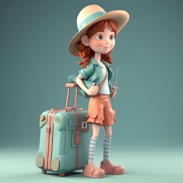 A girl with a suitcase is standing next to a blue suitcase.