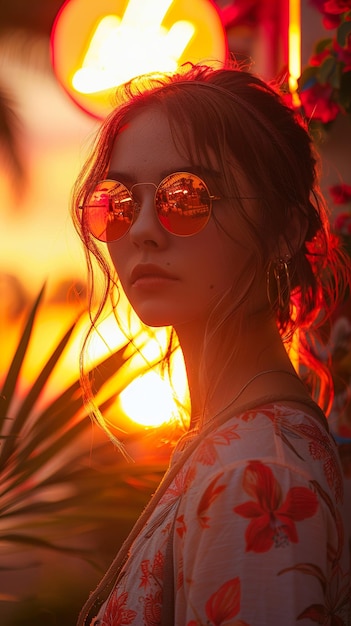 a girl with sunglasses and a sunset in the background