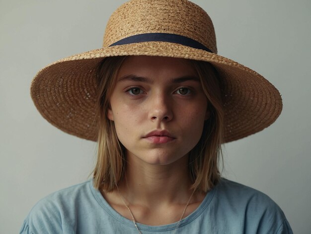 Photo a girl with a sunhat leaning against a surface with ar_2