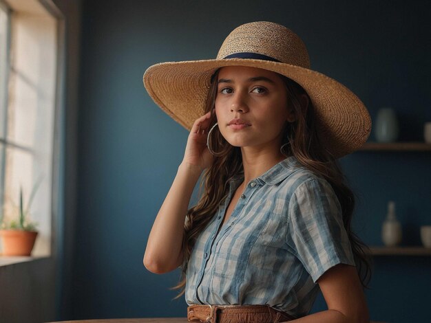 Photo a girl with a sunhat leaning sideways with one hand on_1