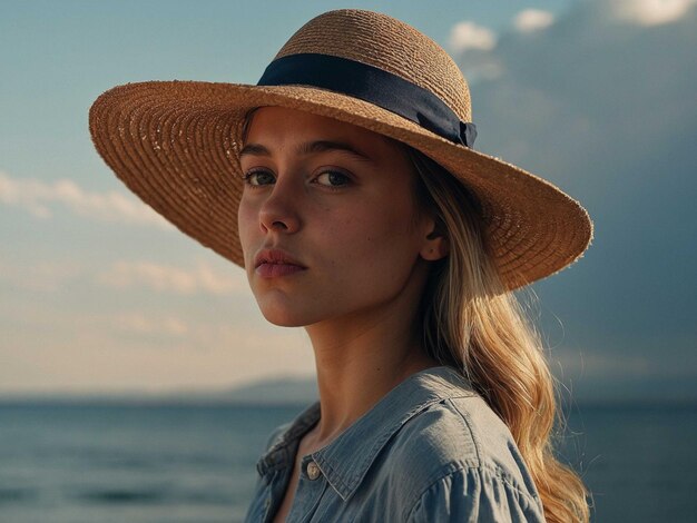 Photo a girl with a sunhat standing with one hand on chin an 0_1