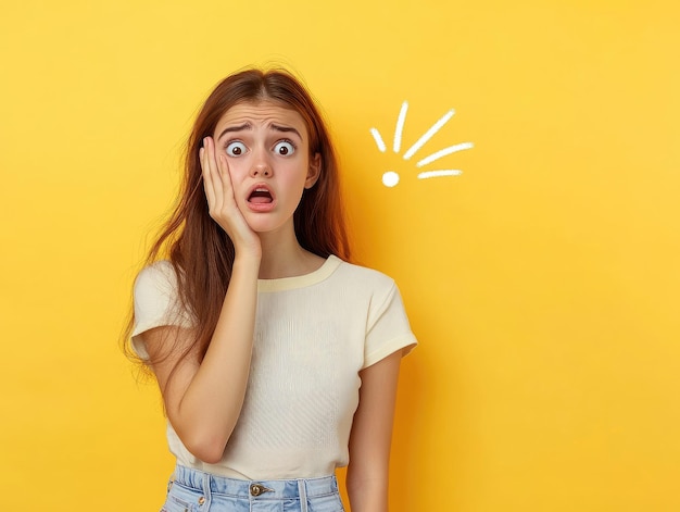 Photo a girl with a surprised expression on her face is looking up with a drawing of a ball in the background