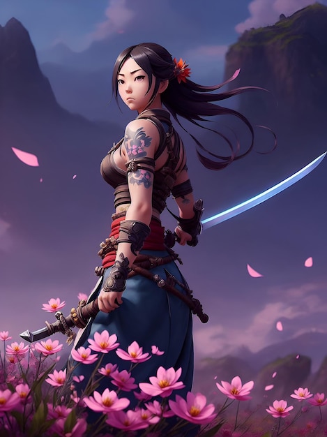 A girl with a sword in her hand stands in a flower field.