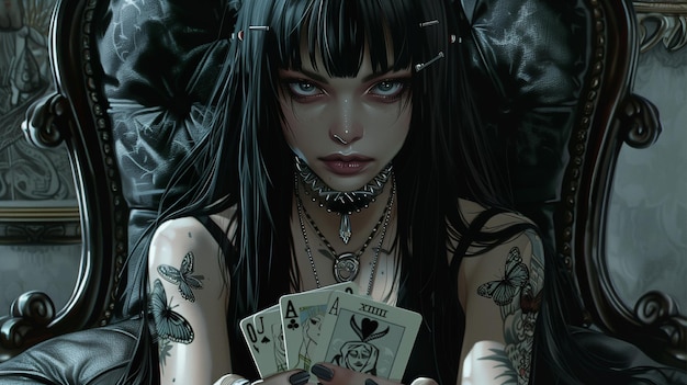 a girl with a tattoo on her arm is holding a card that says  she is holding a poker chips