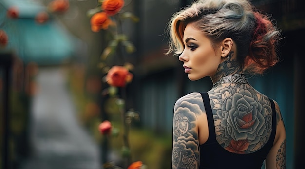 a girl with tattoos on her arms and a tattoo of her arm