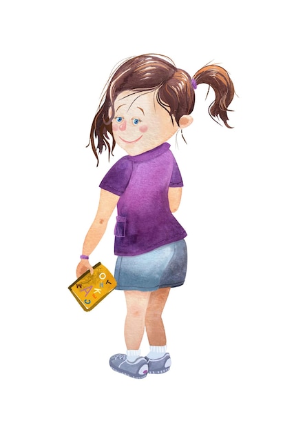 Girl with textbook isolated illustration watercolor