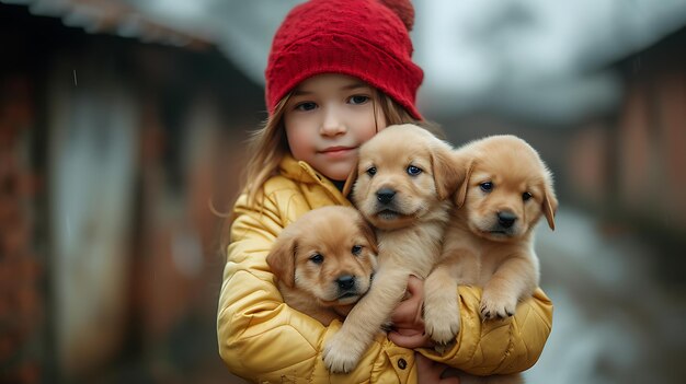 girl with three Labrador puppies in her arms