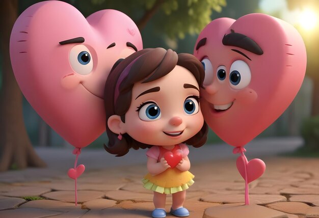 a girl with two pink balloons that say  the one is holding a pink heart