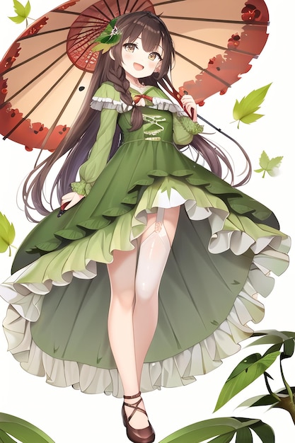 A girl with an umbrella and a green dress