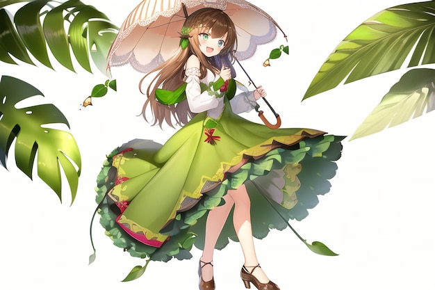 A girl with an umbrella and leaves on her