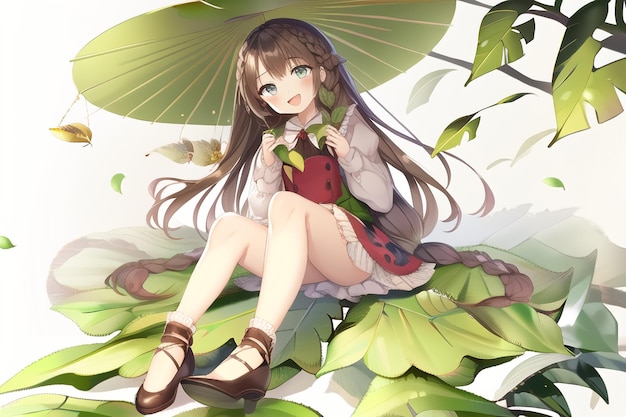 A girl with an umbrella sits on a leaf