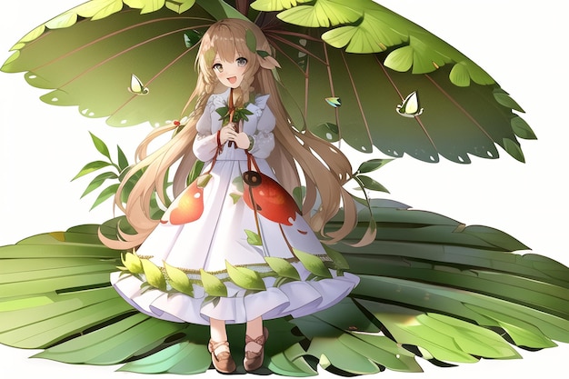 A girl with an umbrella that has a leaf on it