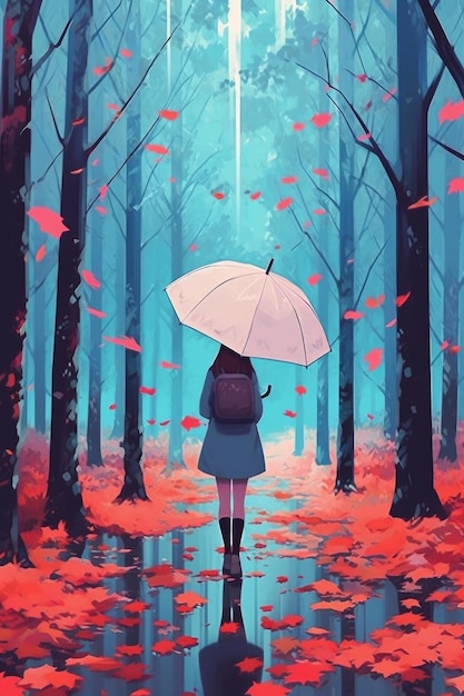 A girl with an umbrella walks through a forest.