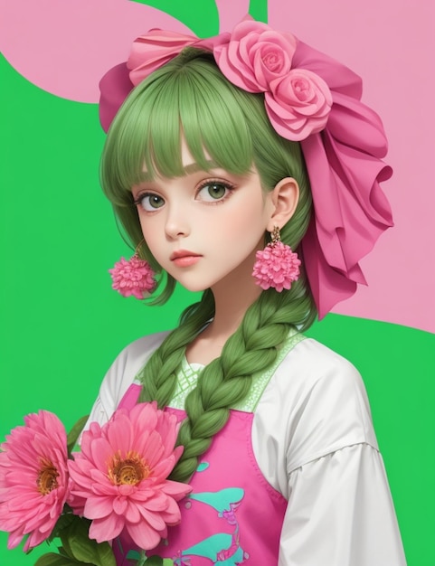 A girl with vibrant green hair adorned with pretty pink flowers