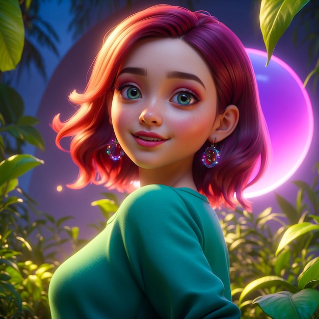 Girl with vibrant red hair posing in magical garden generated by AI