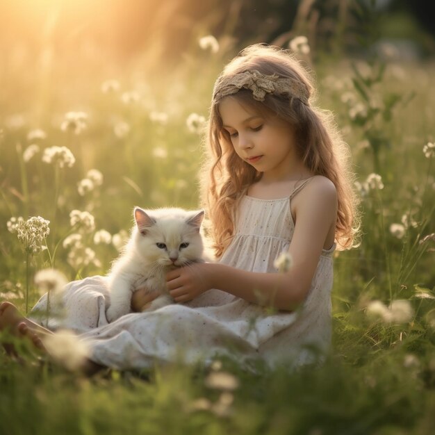 a girl with a white cat in the grass with a cat