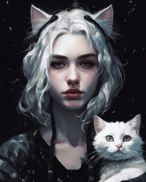 A girl with a white cat