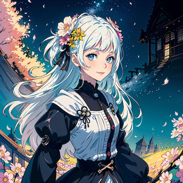 A girl with white hair and a black dress with flowers on her head and a building in the background.