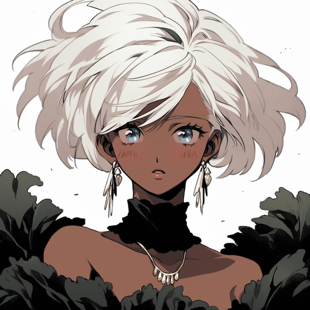 A girl with white hair and a black dress with a silver necklace.