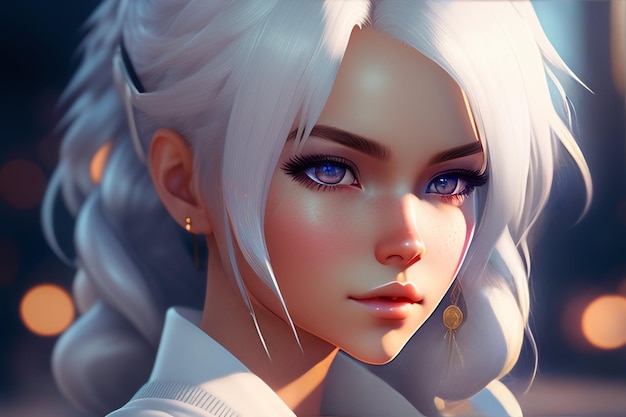 A girl with white hair and blue eyes looks at the camera.