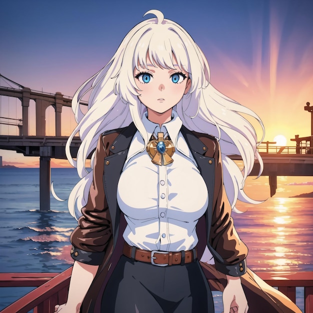 A girl with white hair and a brown jacket stands in front of a bridge.